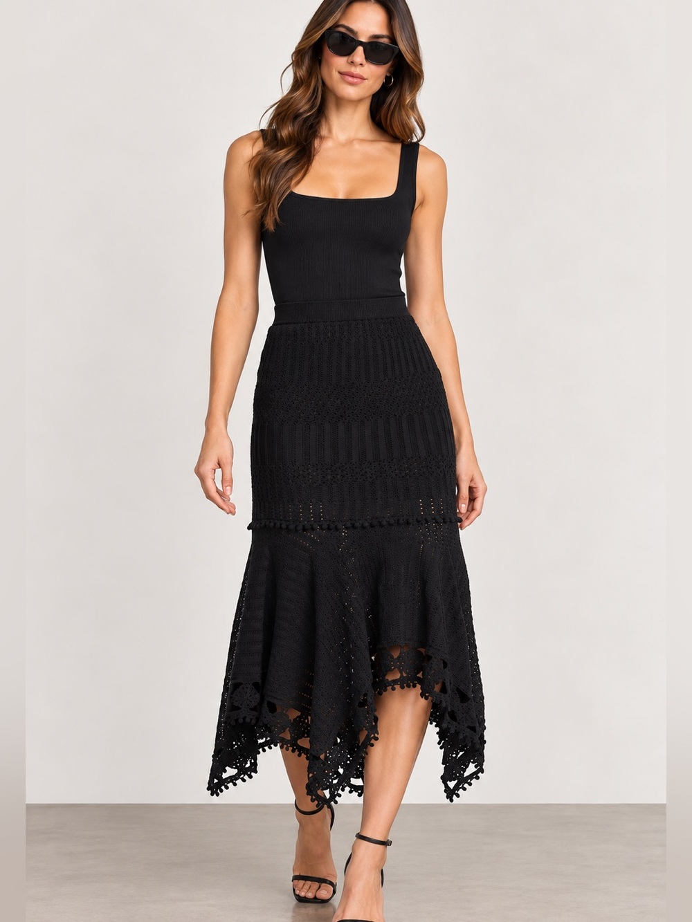 Jonathan Simkhai Black Crochet Asymmetrical Midi  Skirt SZ Small Designer EUC